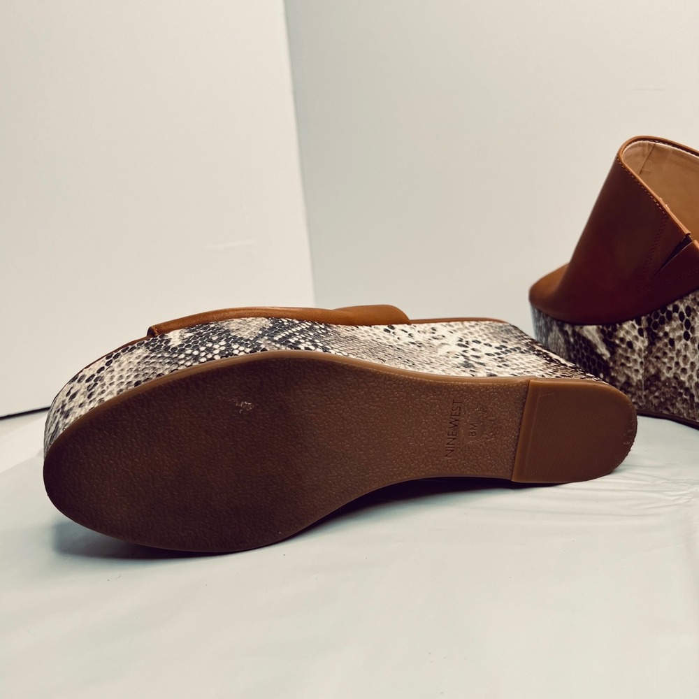 Nine West Platform Slides Snakeskin Heel Leather Sz 8 Boho Wedge Animal‎ Print - Picture 8 of 10